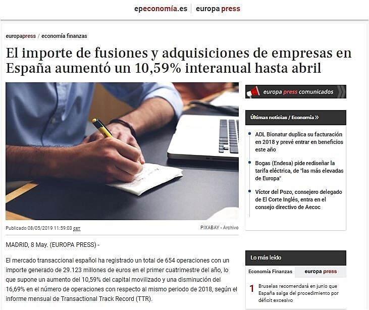 El importe de fusiones y adquisiciones de empresas en Espaa aument un 10,59% interanual hasta abril